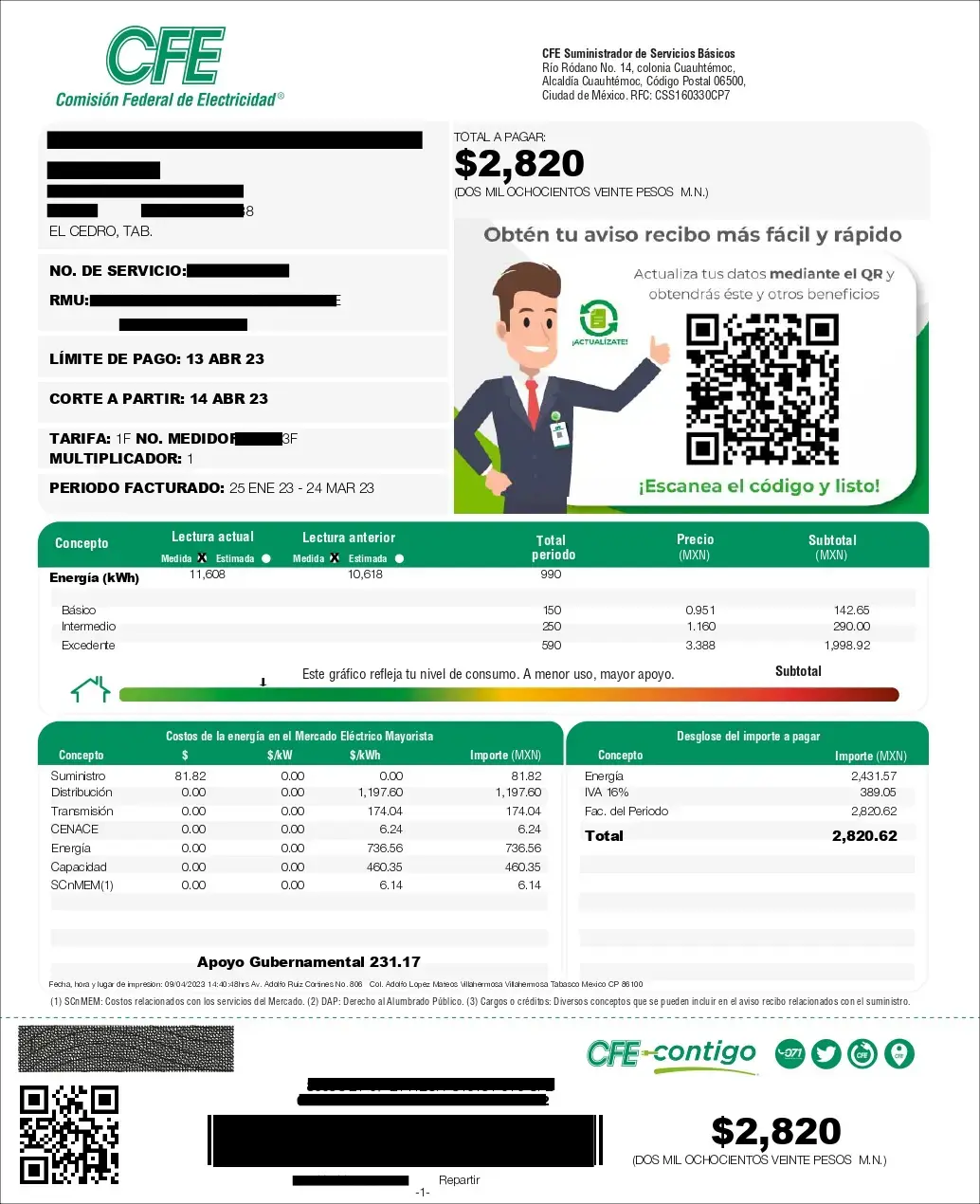Recibo CFE antes de paneles solares