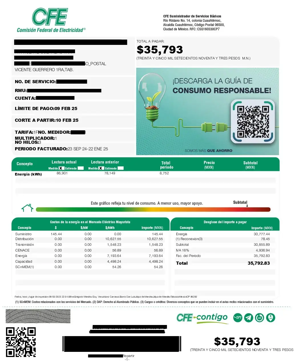Recibo CFE antes de paneles solares — más de $35,000